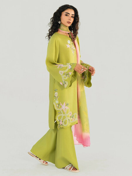 OLIVE LIME - 3pcs Khaddi Silk Ensemble