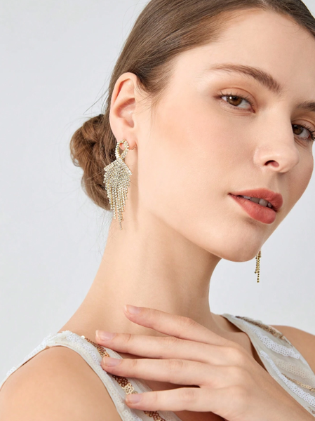 Shein - Motf Premium 18K Gold Plated Zirconia Inlaid Tassel & Rhinestone Elegant Earrings