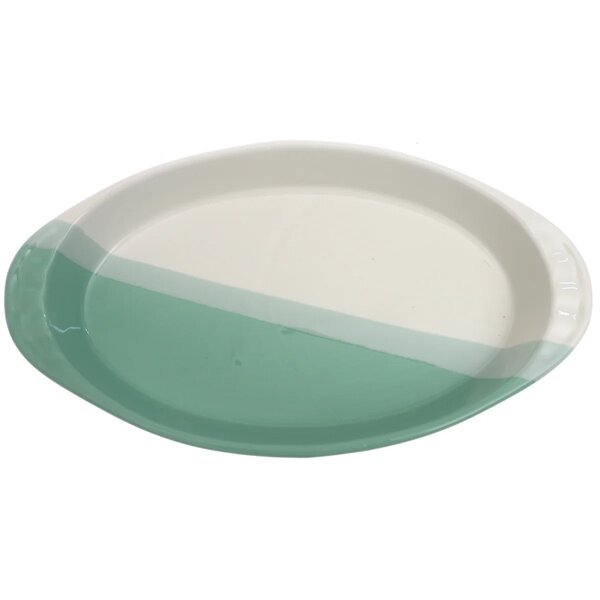 Oval Serving Dish – Green & White Ceramic Platter 6.5 x 12 Inch