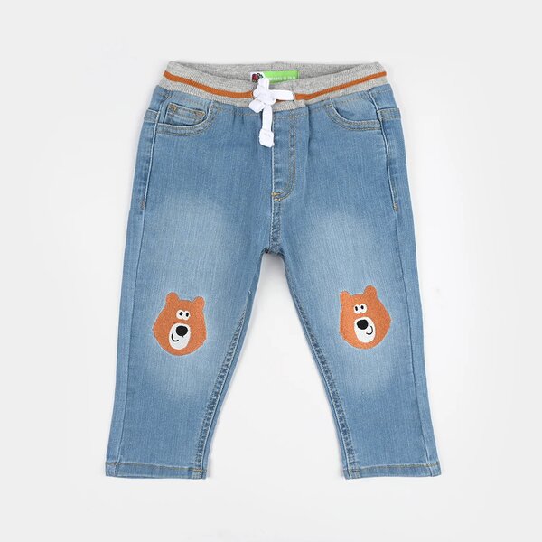 Infant Boys Denim Stretch Pants (Bear) - Light Blue