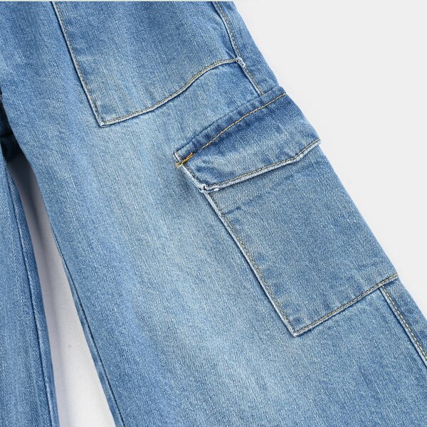 Girls Wide-Leg Stretch Denim Cargo Pants – Mid Blue