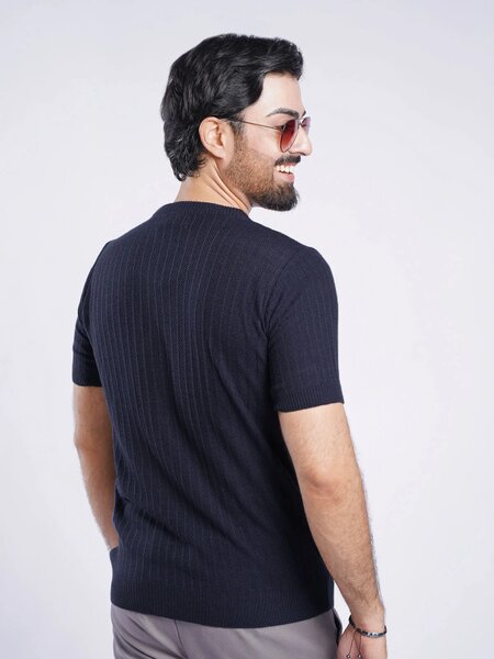 Navy Half Sleeves Men’s Premium Knitted Crew Neck T-Shirt (SKCN-025)