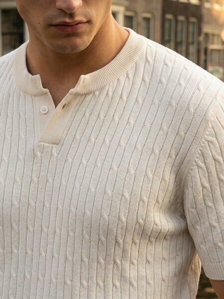 Cream Sweater Knit Henley T-Shirt (SKH-003)