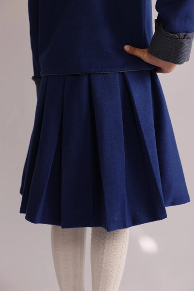 Bleuet | Girls' Blue Jacket and Pleated Skirt Set, Contrast Collar