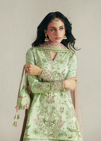 Vera Unstitched Embroidered Silk 3 Piece Suit VR26UWF Resham Mint Green - Wedding Collection
