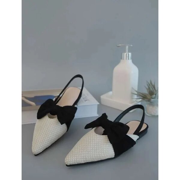 Shein - Bow Decor Knit Detail Point Toe Slingback Flats