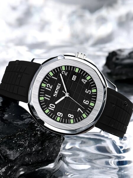 Shein - Men's Luxury Silicone Watch, Stainless Steel Back, Water Resistant Quartz Watch