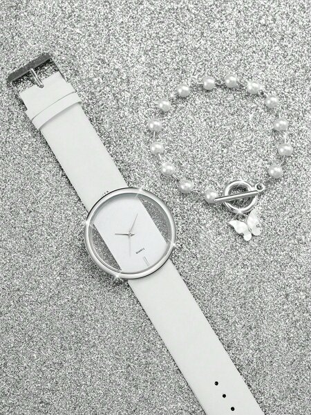 Shein - 1pc Minimalist Round Pointer Quartz Watch & 1pc Butterfly Charm Bracelet