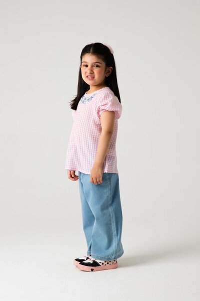 Pink Checkered Embroidered Top