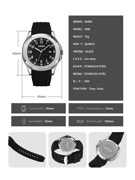 Shein - Men's Luxury Silicone Watch, Stainless Steel Back, Water Resistant Quartz Watch