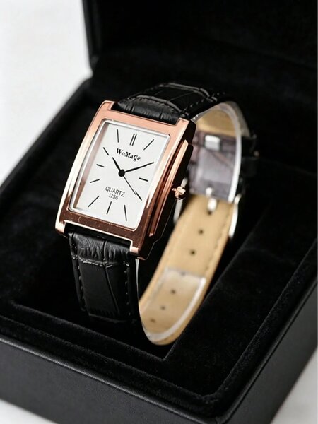 Shein - 1Pc Square Men'S Watch, Rose Silver Case, Unisex