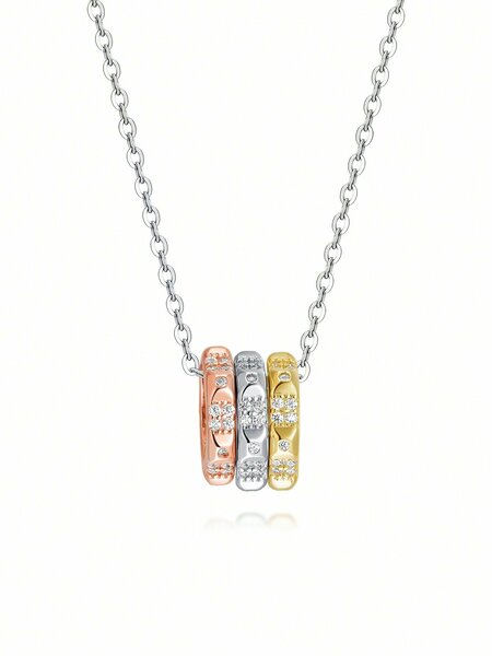 Shein - 1pc Fashionable Simple Exquisite Three-Tone Design 925 Sterling Silver Cubic Zirconia Necklace, Perfect For Festival, Party, Gift And Daily Wear