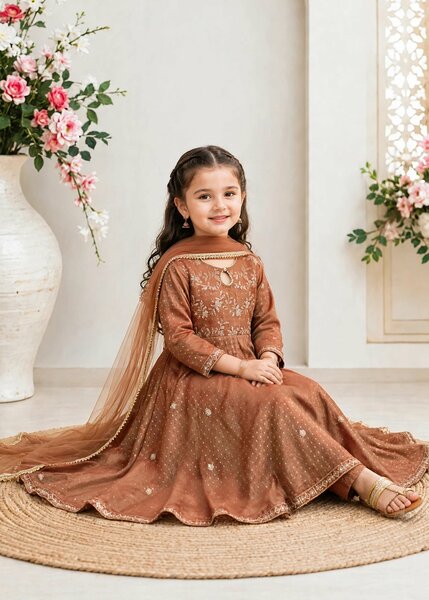 Modest Girls RTW Embroidered Cotton Lawn 3 Piece Suit Frock 11275-BRN Festive Collection