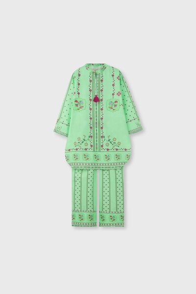 Green Printed Cotton Kurta Set - 2pc