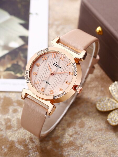 Shein - Rhinestone Decor Round Pointer Quartz Watch
