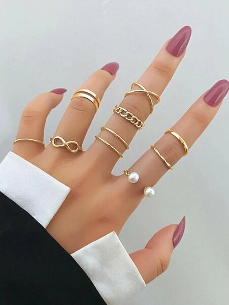Shein - 9Pcs Faux Pearl Decor Ring Gold