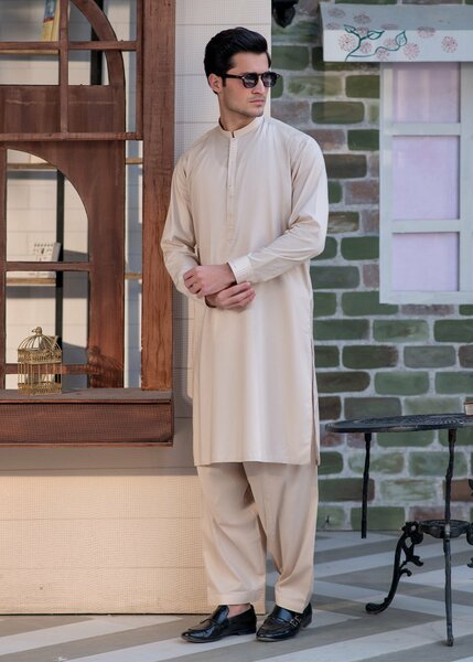Aks e Shaam by Buraq Mens RTW Solids Cotton 2 Piece Suit Beige Casual Collection