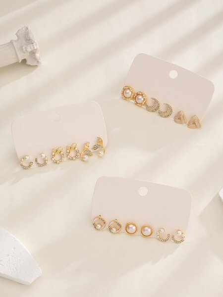 Shein - 9pairs/set Fashionable Zinc Alloy Rhinestone Moon & Faux Pearl Decor Stud Earrings For Women For Daily Decoration