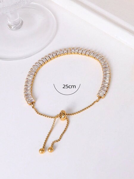 Shein - 1pc French Style Minimalist Stainless Steel Chain Bracelet With Star & Cubic Zirconia Decor For Girls' Vacation Style