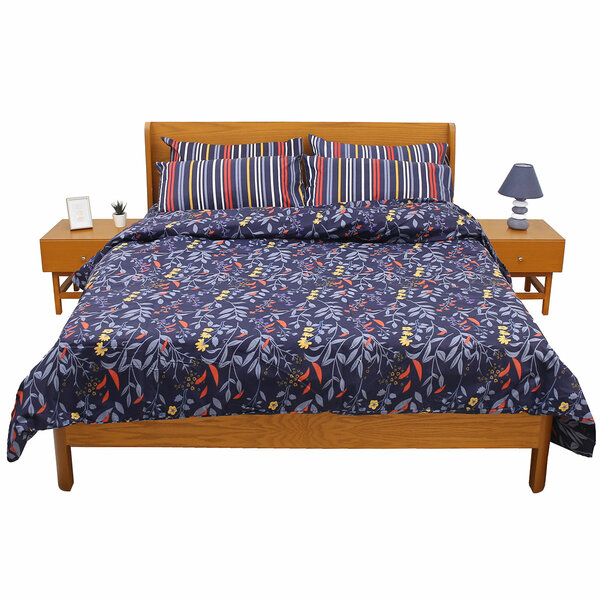 Blue Leaf Double Bedding Set – 6 Piece Modern Floral & Striped Bed Linen | Elegant Botanical Design