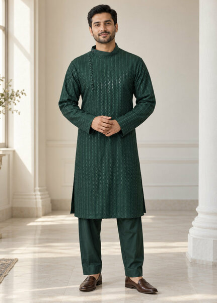 TGM Mens RTW Chikankari Chikankari Kurta Pajama Suit Eminence Green Festive Collection