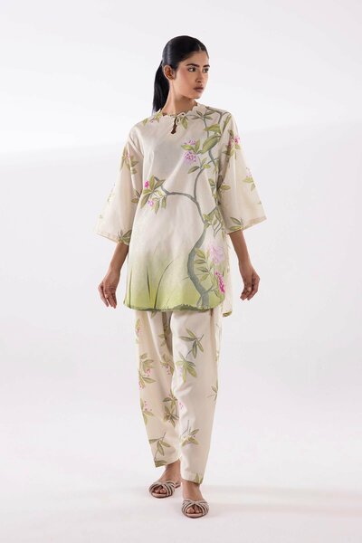 Stitched Printed Jacquard Shirt + Bottom