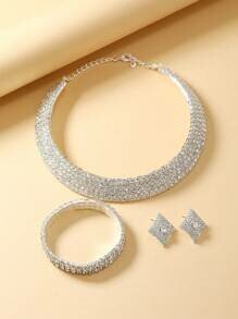 Shein - 4pcs High-End And Elegant Silver-Color Water Drop Rhinestone Collar Jewelry Set