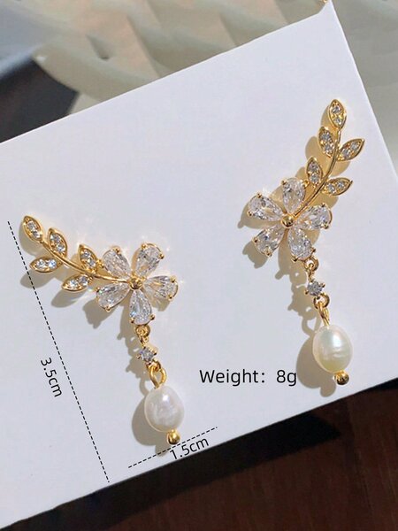 Shein - 1pair Fashionable Luxurious Ladies' Faux Pearl & Rhinestone Leaf & Flower Drop Earrings