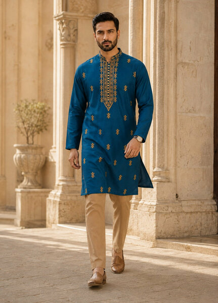 TGM Mens RTW Chikankari Chikankari Kurta Pajama Suit Aeron Blue Festive Collection