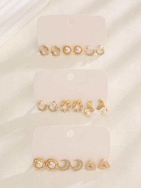 Shein - 9pairs/set Fashionable Zinc Alloy Rhinestone Moon & Faux Pearl Decor Stud Earrings For Women For Daily Decoration