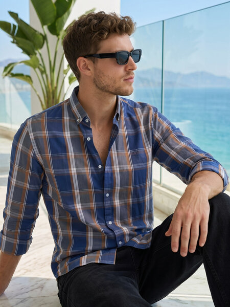 Blue & Brown Check Button Down Casual Shirt (CSC-427)