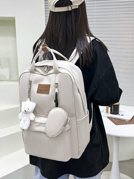 Shein - Classic, Casual Bear & Letter Patch Decor Functional Backpack With Coin Purse School Bag For Teen Girls, Women,College Students, Perfect For Outdoors ,Travel & Back To School, With Bear Pendant , Women Bag With Dime Bag