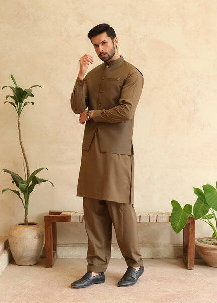 A-Line by Mazham RTW Solids Blended 3 Piece Suit Olive Brown Winter Collection