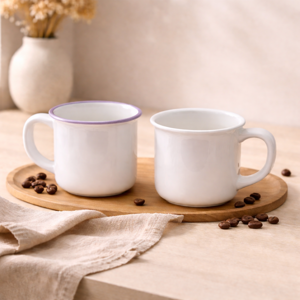 Set of 2 Minimalist White Coffee Mugs | Classic Aesthetic Tea Cups with Contrast Rim | Modern Kitchen Drinkware