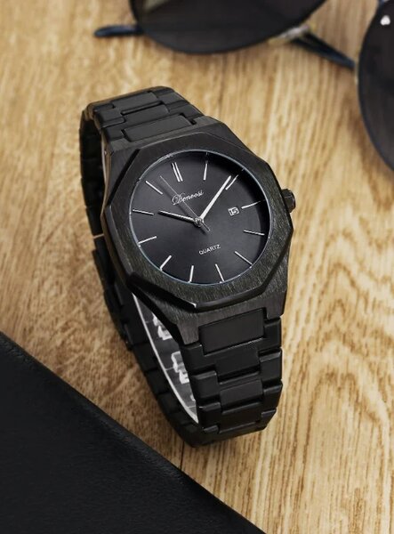 Shein - 1pc Black Stainless Steel Strap Business Glow In The Dark Waterproof Calendar Polygon Dial Quartz Watch