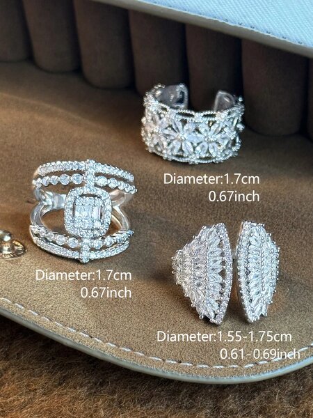 Shein - 3Pcs Fashion Luxury Cubic Zirconia Flower Fan-Shaped Open Rings