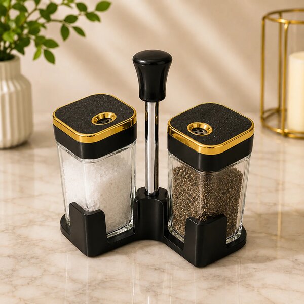 Premium 2PCS Black Glass Spice Bottle Set with Stand & Gold Lid Accent