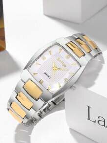 Shein - 1 Piece Of Fashionable And Personalized Rectangular Face Men's Casual Steel Band Quartz Watch