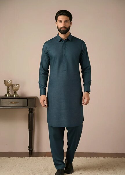 Gold Medal by Stitching Cotton Men RTW Solid Poly 2 Piece Suit Teal - Casual Collection