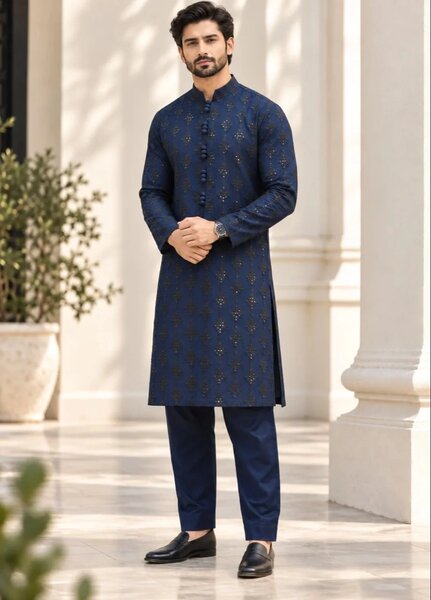 TGM Mens RTW Chikankari Chikankari Kurta Pajama Suit Titan Navy Festive Collection