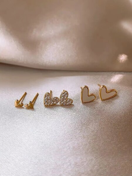 Shein - 3pairs/set Fashionable Simple Delicate Heart Shape Rhinestone Decor Women's Stud Earrings