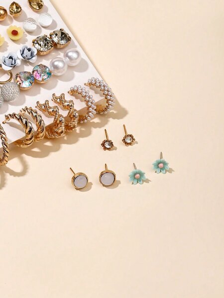 Shein - 30 Pairs/Set Fashionable Alloy Earrings With Rhinestone, Faux Pearl, Resin, Iron, Rose & C Shape Design, Perfect For Women's Daily Wear