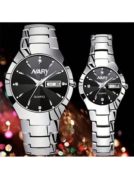 Shein - 2Pcs/Set Couple'S Quartz Watch With Calendar Function, Business & Fashion Design, Ideal Valentine'S Day Gift For Men & Women, Suitable For Daily Wear