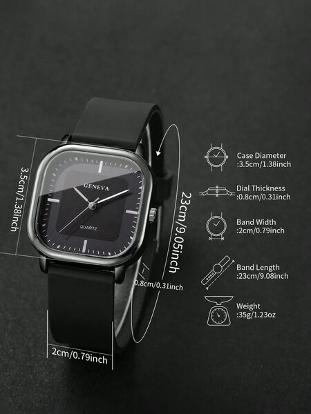 Shein - 1pc Men's Silicone Strap Fashion Casual Square Minimalist Dial Quartz Wrist Watch - Black Dial