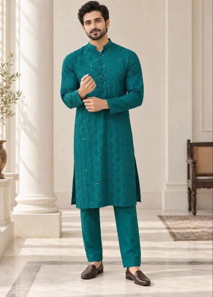 TGM Mens RTW Chikankari Chikankari Kurta Pajama Suit Titan Turquoise Festive Collection