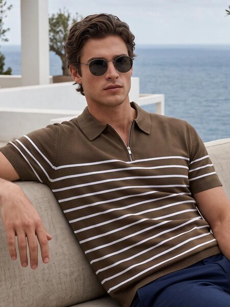 Golden Brown Striped Knitted Zipper Polo (SKZP-075)
