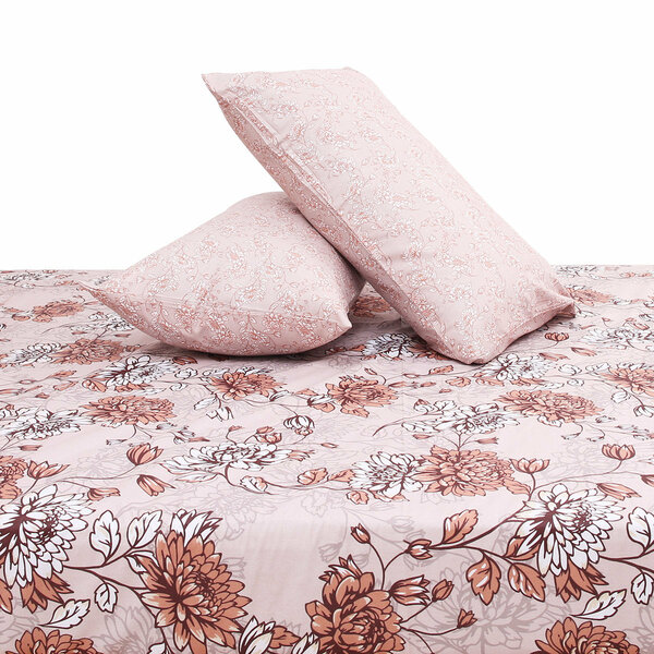 Beige Floral Double Bedding Set – 6 Piece Soft Cotton Elegant Printed Bed Linen Collection