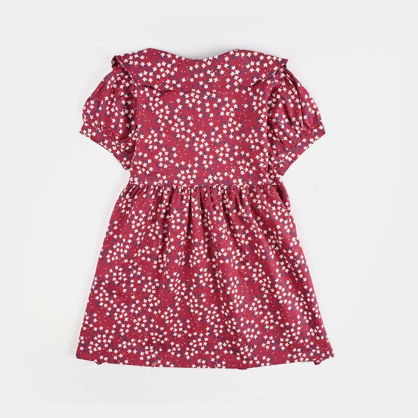 Girls Cotton Poplin Casual Frock Red Floral - Multi