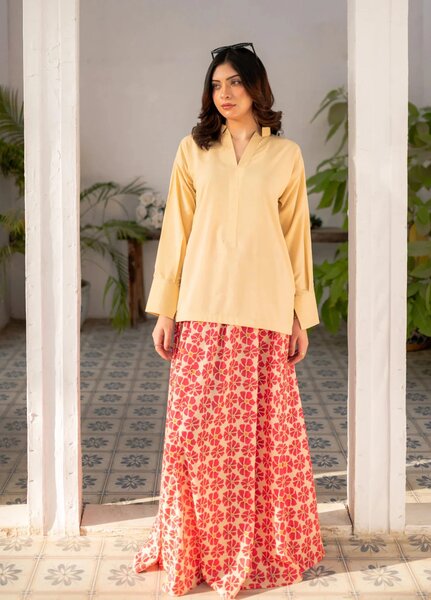 Zauk Women RTW Solids Poly Grip 2 Piece Suit ZK26RC Lemon Yellow Shirt and Printed Skirt ZAU-LYSPS - Casual Collection