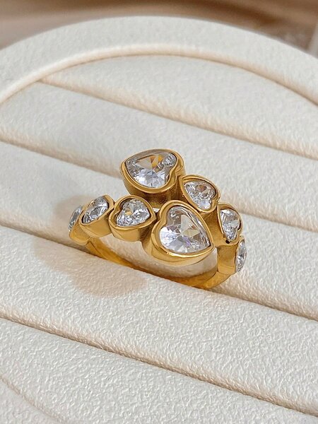 Shein - 18K Gold Plated Elegant Heart & Star Zirconia Adjustable Stainless Steel Ring Set